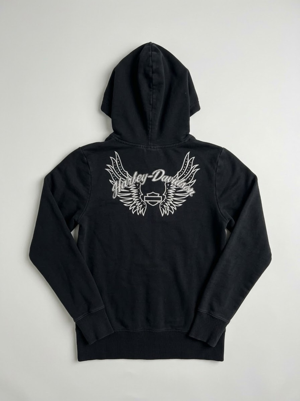 Y2K Harley-Davidson Black Hoodie with White Wing Back Graphic
